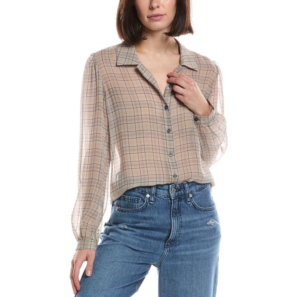 Frame Denim Womens Frame The Plaid Staple Silk Blouse, Brown